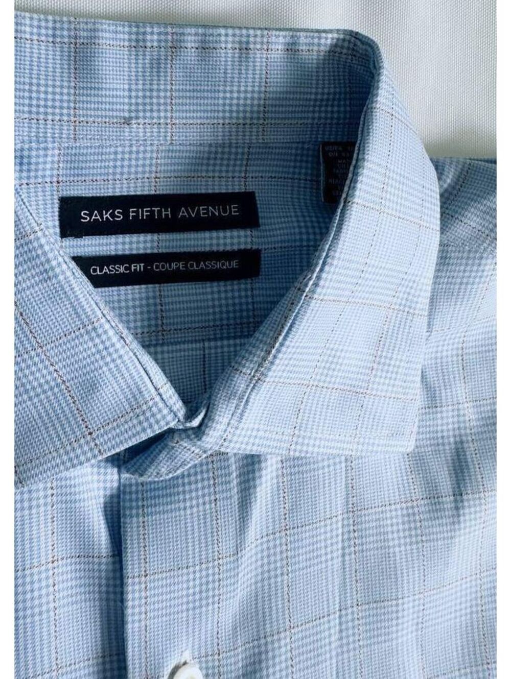 Saks Fifth Avenue Men XL 17 34/35 Blue Plaid Cotton Classic Fit Dress Shirt